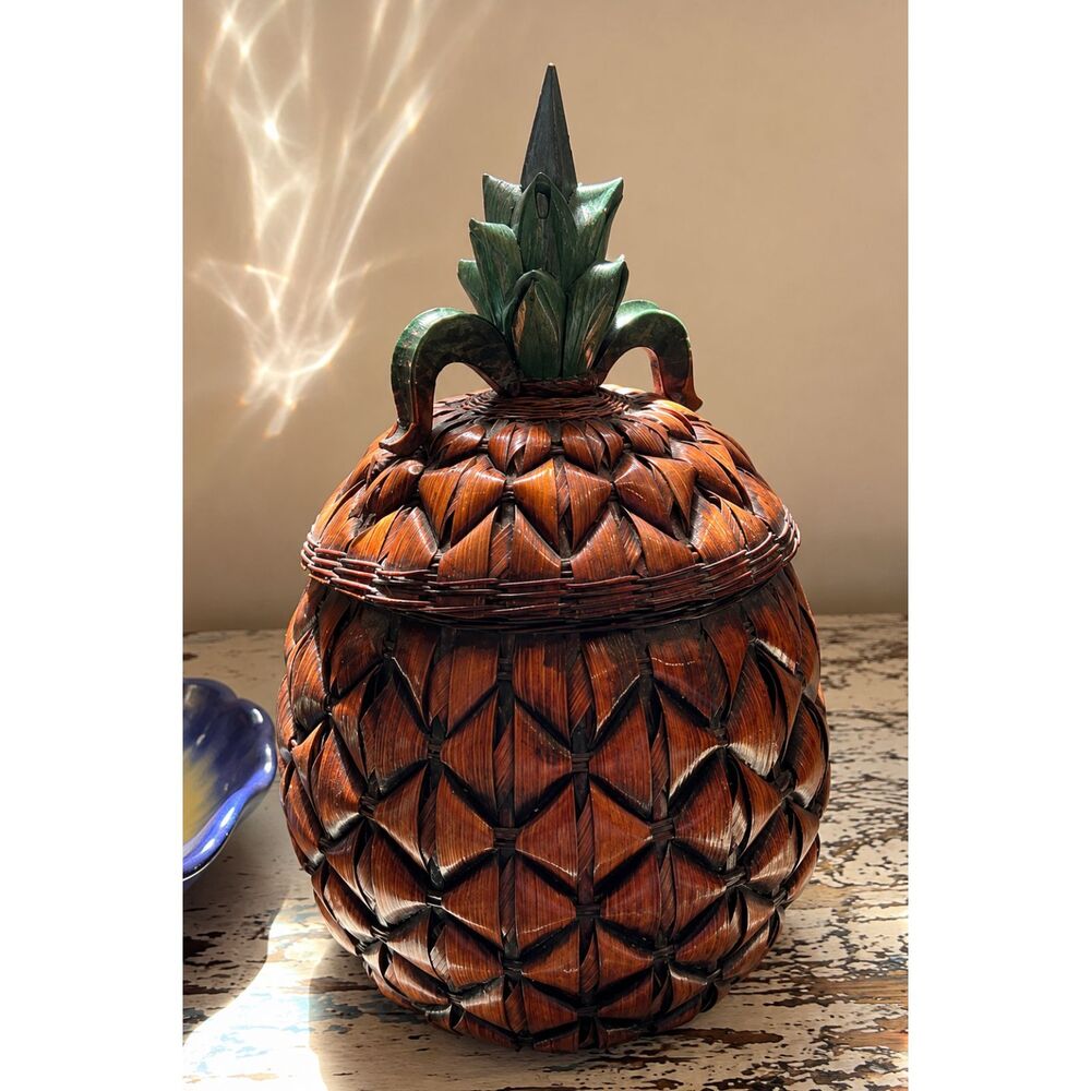 Vintage Mid-Century Handwoven Pineapple Covered Basket with Lid